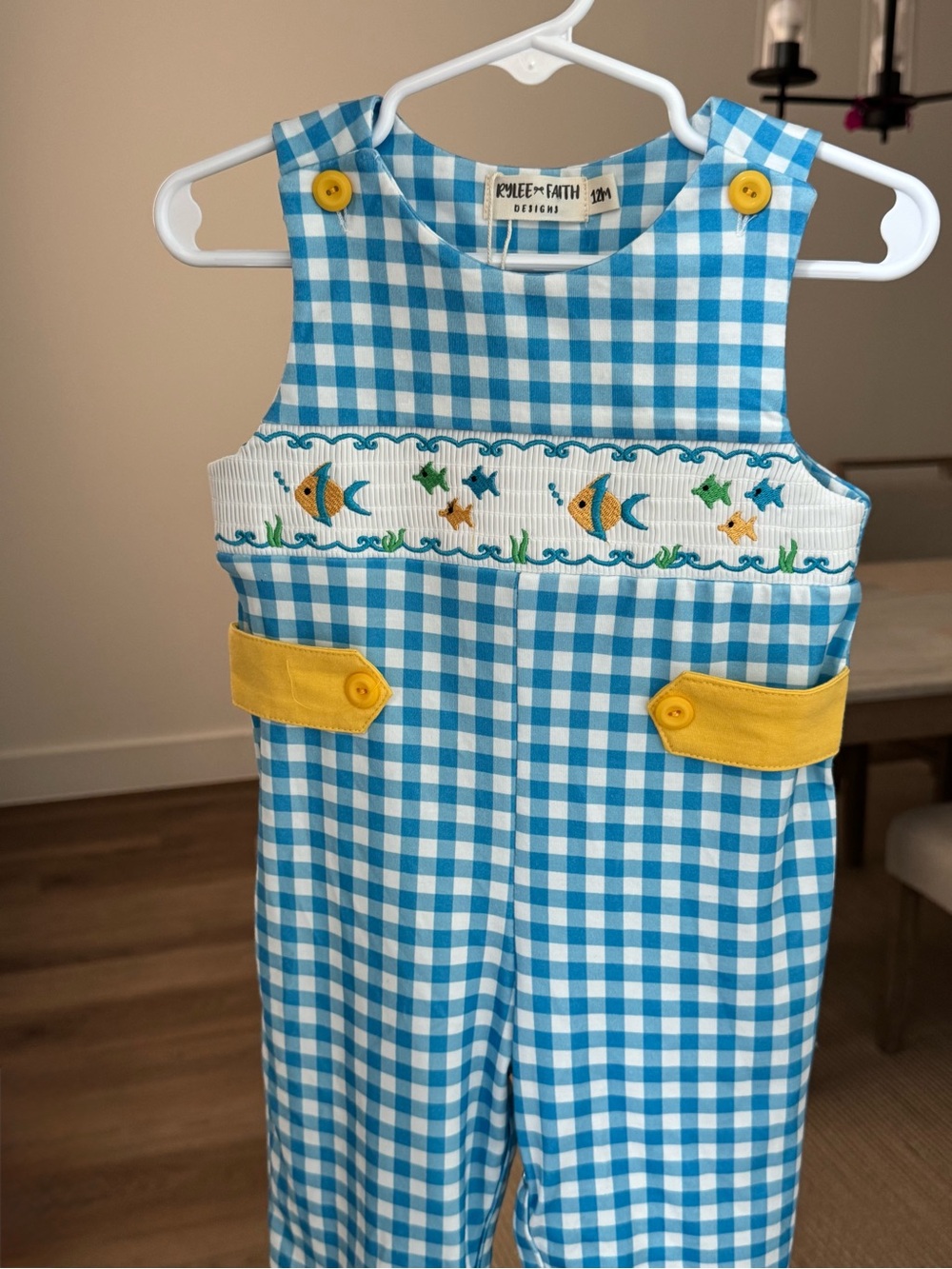 New Blue Gingham Fish Embroidered Longall – 12M